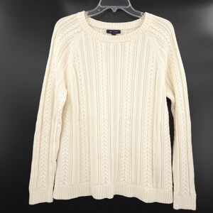 Lands End Cable Knit Sweater Women L Cream Ivory 100% Cotton Crew Neck fisherman